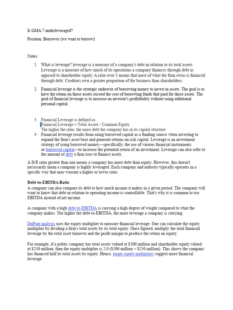 Is GMA 7 Underleveraged | PDF | Leverage (Finance) | Capital Structure
