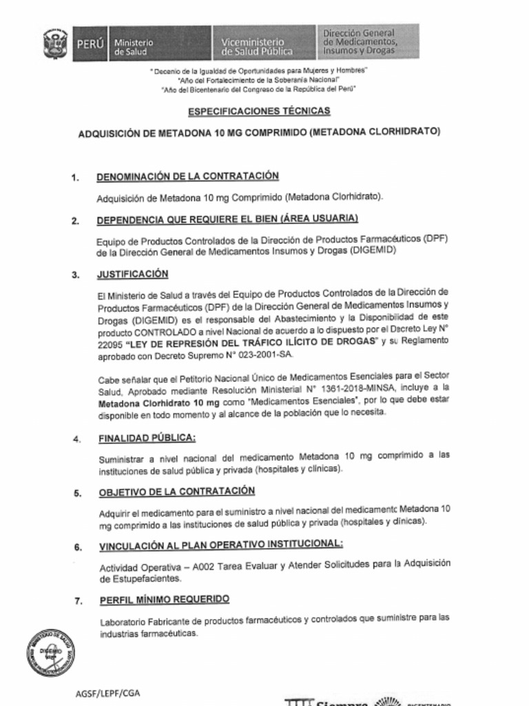 Adquisición de Metadona 10 MG Comprimido (Metadona Clorhidrato) | PDF