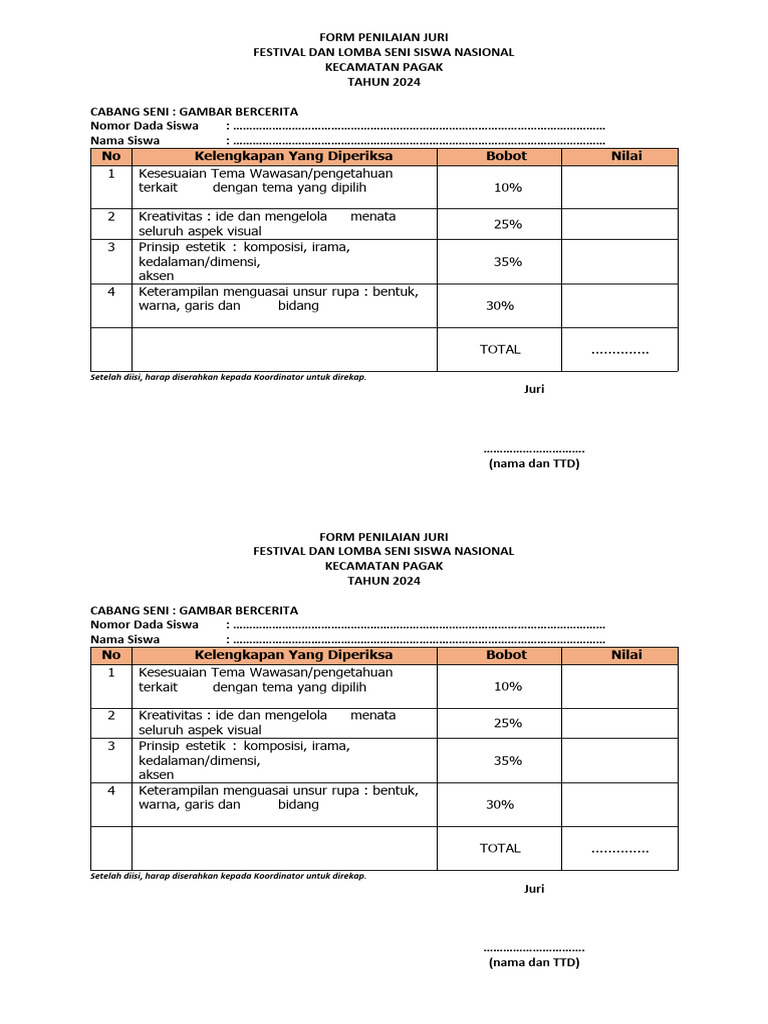 Form Penilaian Juri Lomba Seni 2024 | PDF