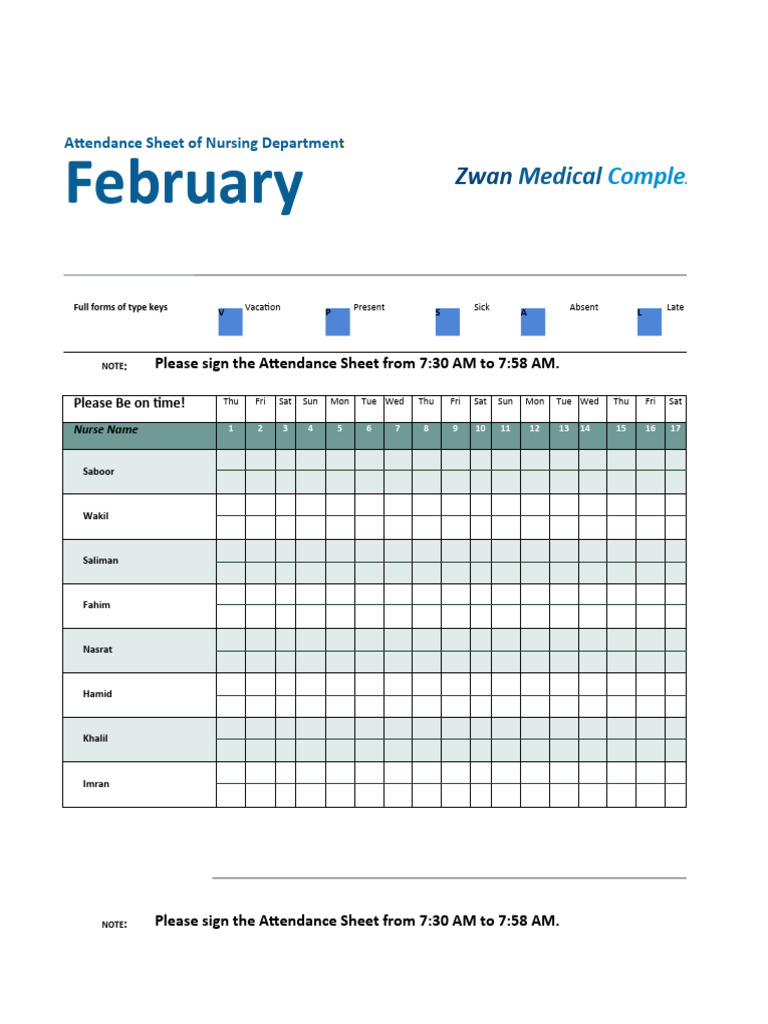 Nursing Department Attendance Sheet | PDF