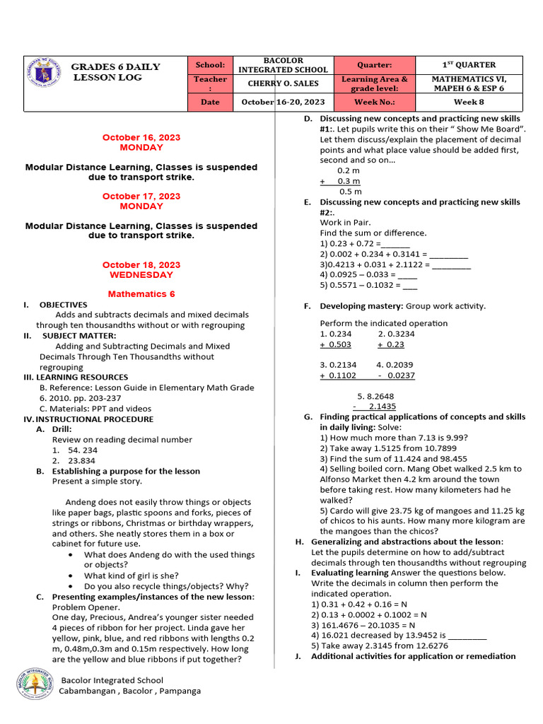 Grade 6 Weekly Lesson Plan: Math & MAPEH | PDF