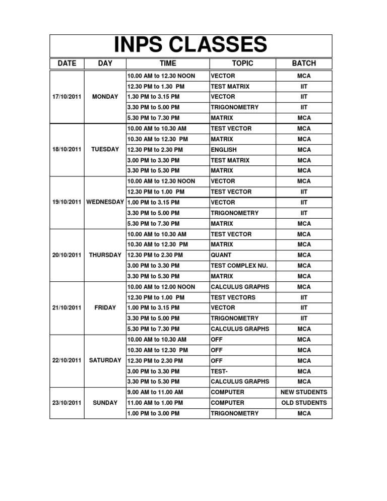 Class Schedule for MCA and IIT | PDF