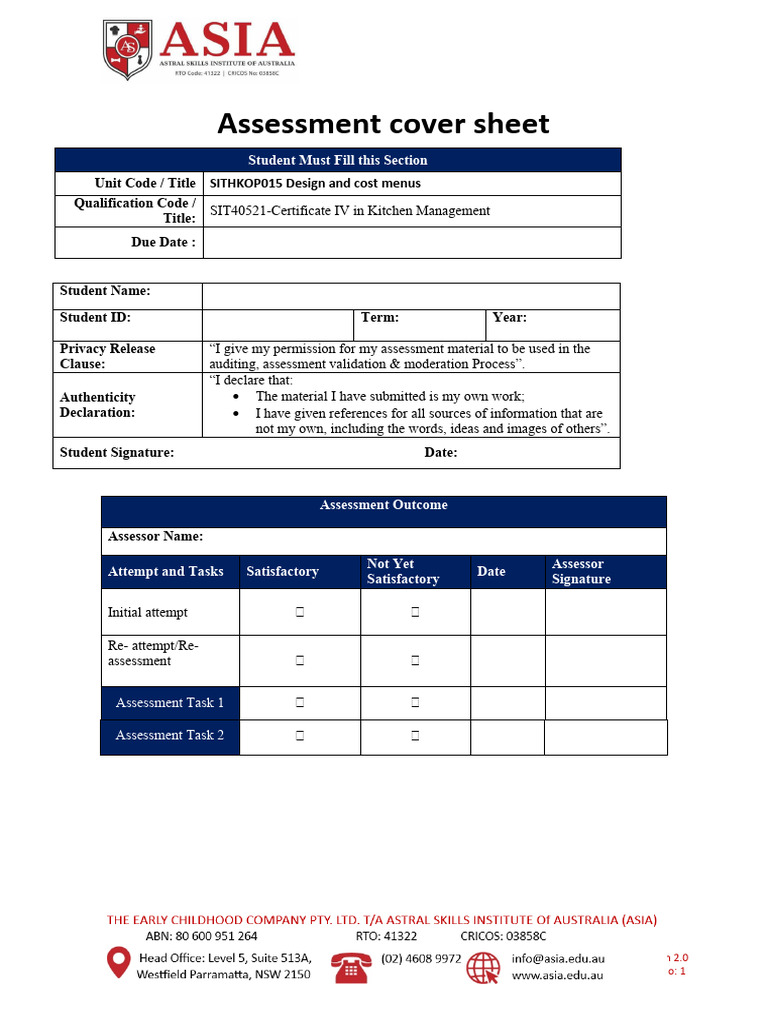 SITHKOP015 Assessment Guidelines | PDF | Career & Growth | Finance ...
