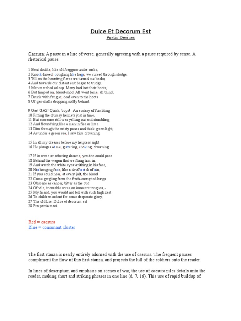 Dulce Et Decorum Est Poetic Devices PDF Unrest Poetry