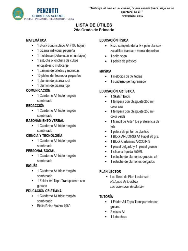 Lista de Utiles 2024 - GRADO2 | PDF