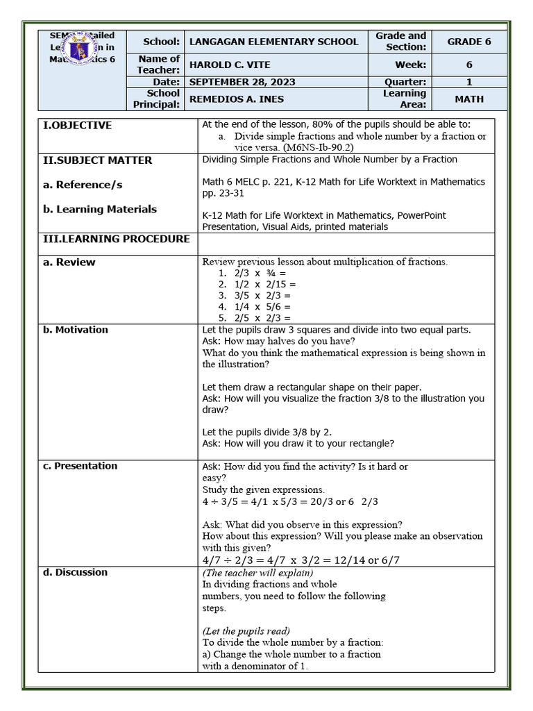 Lesson Plan in Math 6 - Q1 | PDF | Elementary Mathematics | Arithmetic