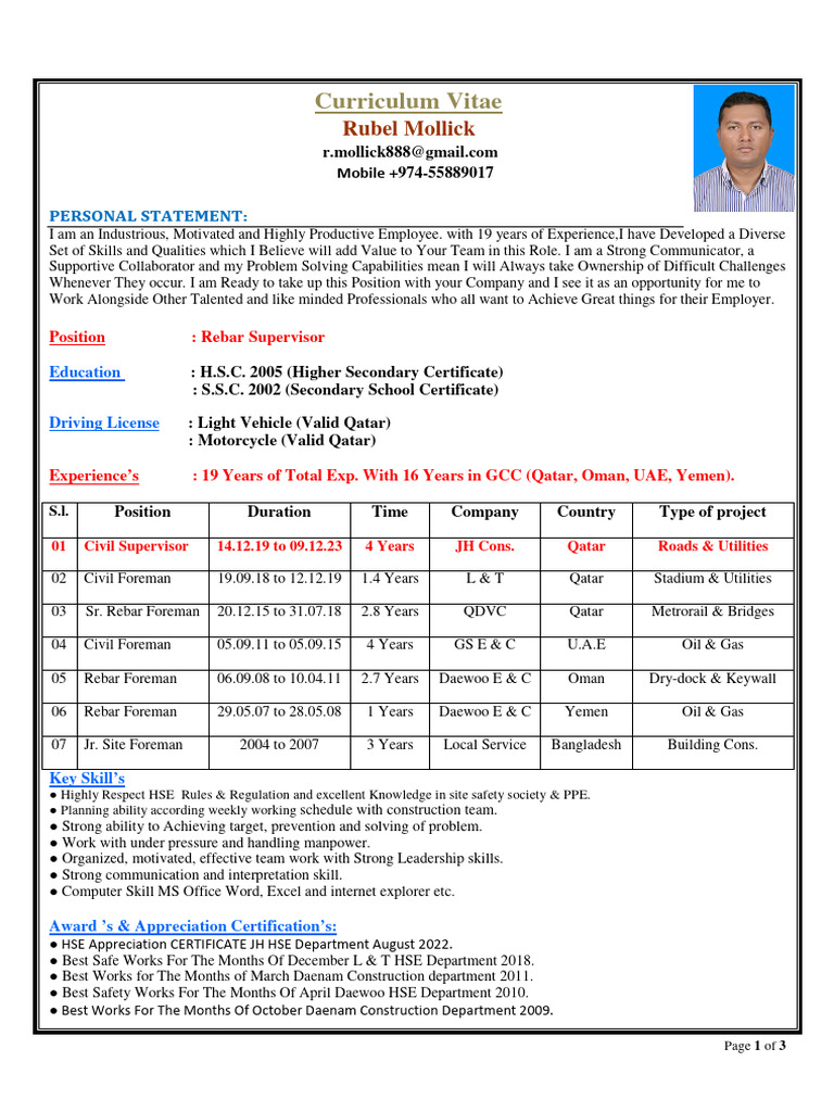 Rebar Supervisor PDF Qatar United Arab Emirates