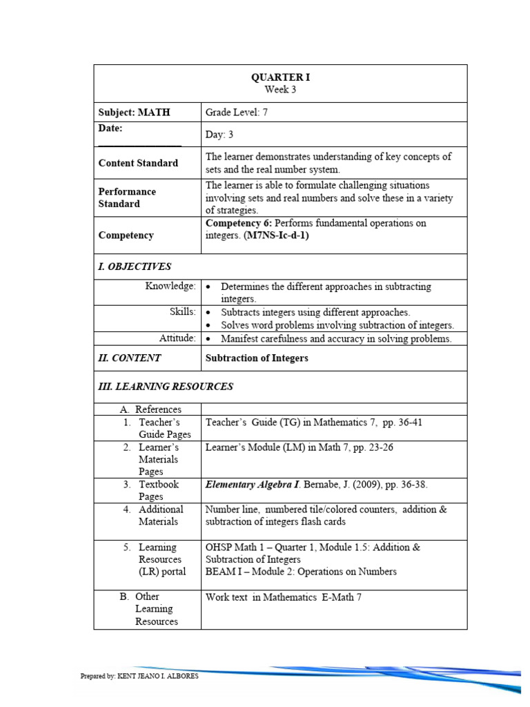 Grade 7 Math: Subtracting Integers | PDF | Subtraction | Mathematics
