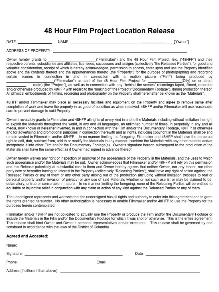48 Hour Film Project Location Release | PDF | Property | Business Law