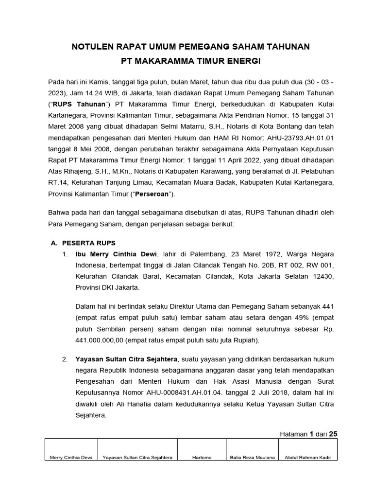 Notulen RUPS Tahunan PT MTE 2023 | PDF | Pengelolaan Keuangan & Uang