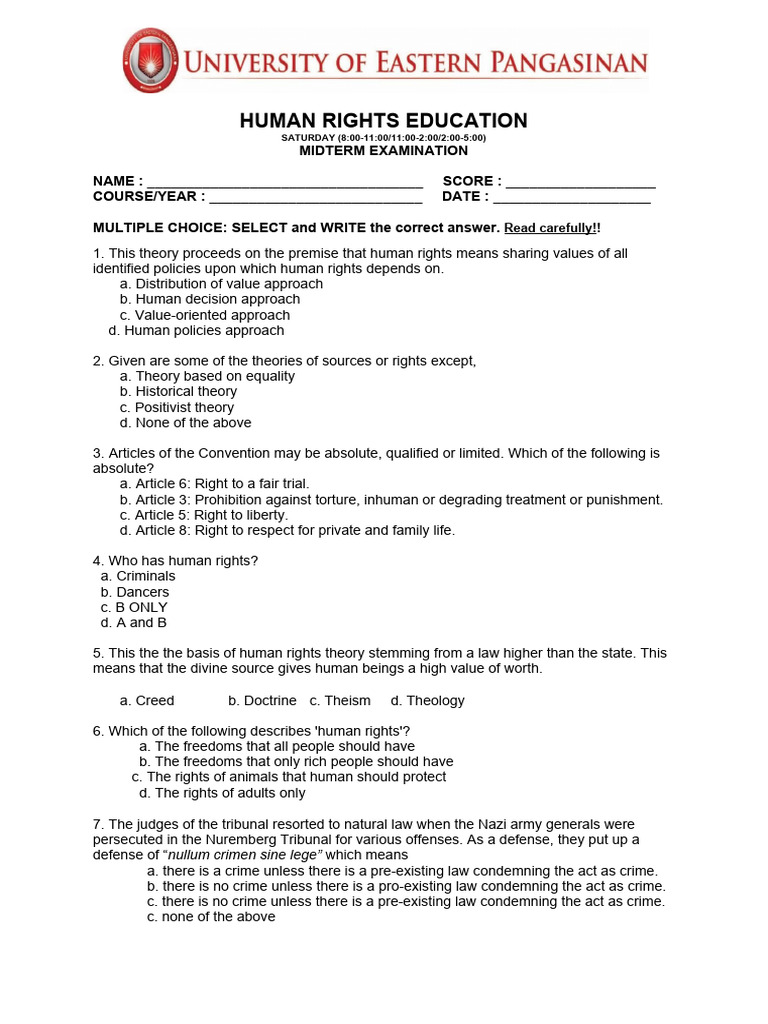 Human Rights Education Midterm Exam | PDF | Human Rights | Rights