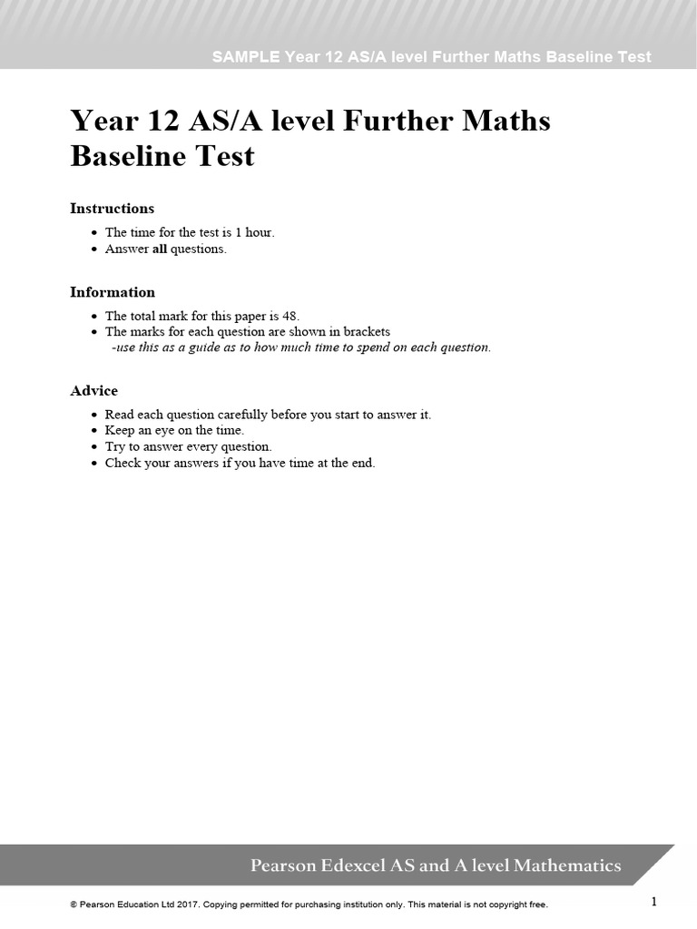 SAMPLE AS - A Level Further Mathematics Baseline Test | PDF