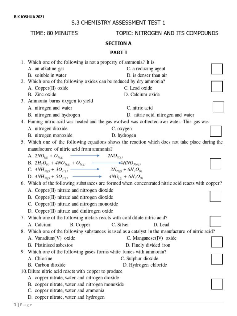 S.3 Chemistry Assessment Test On Nitorgen & Its CPDS PDF | PDF