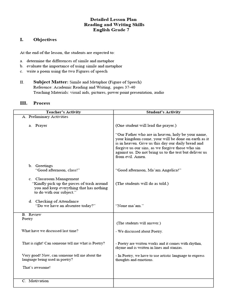 Sample Lesson Plan | PDF | Metaphor | Poetry