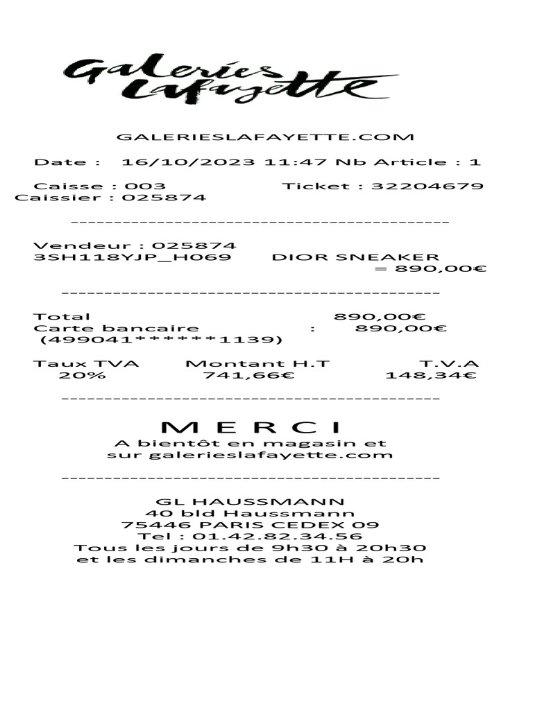 Ticket de Caisse Galerie Lafayette PDF Finance et gestion monétaire