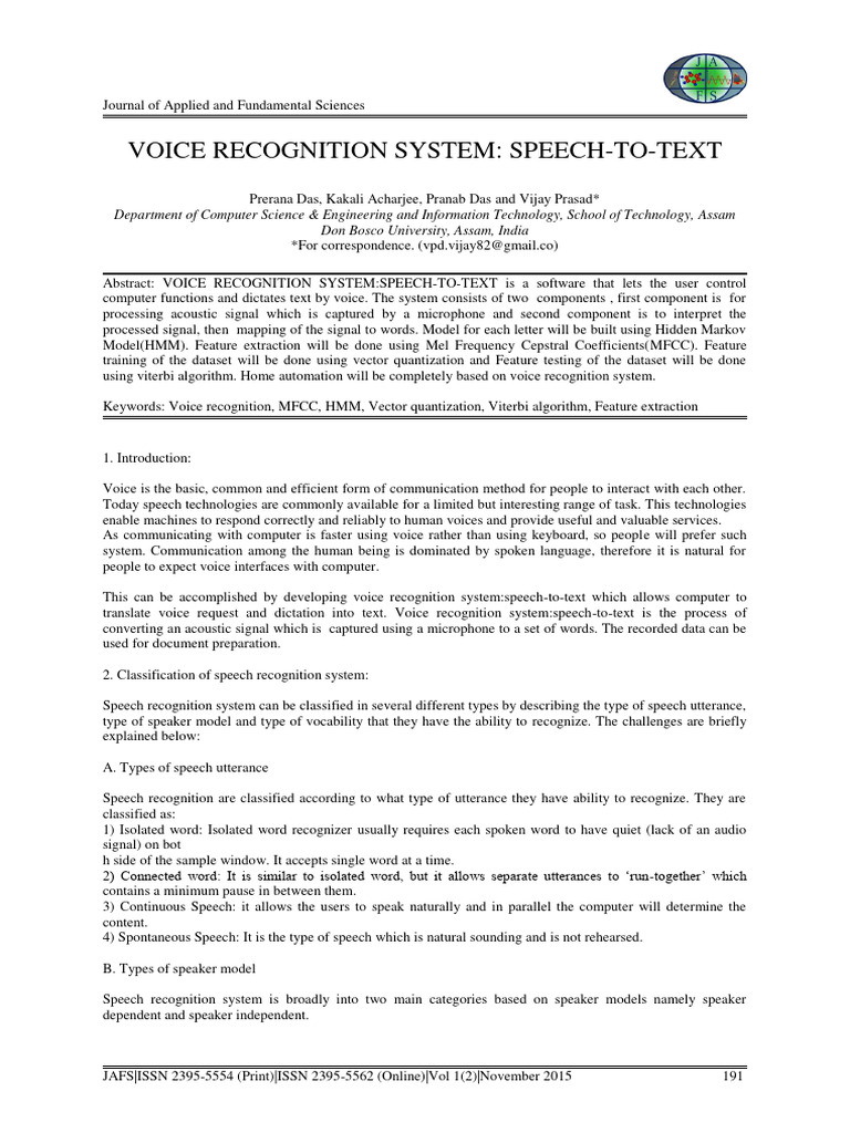 Voice Recognition System Speech To Text | PDF | Speech Recognition ...