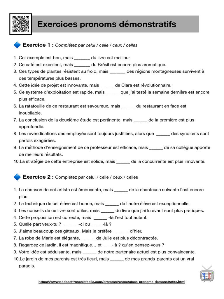 Exercices sur les pronoms démonstratifs | PDF
