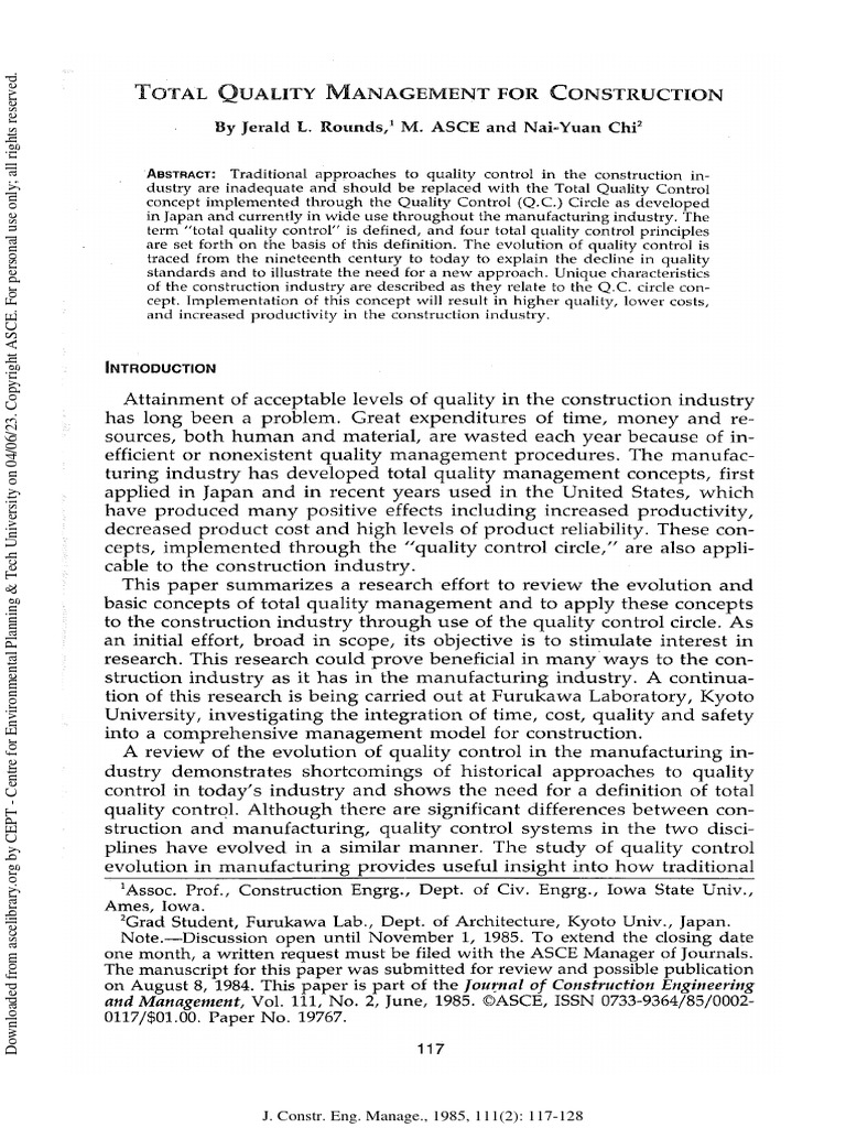 (Rounds and Chi 1985) TOTAL QUALITY MANAGEMENT FOR CONSTRUCTION | PDF ...