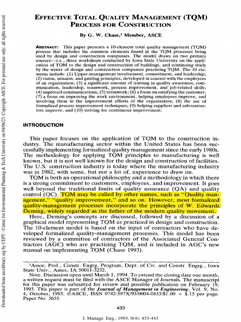 (Chase, G.W., 1993) EFFECTIVE TOTAL QUALITY MANAGEMENT (TQM) PROCESS ...