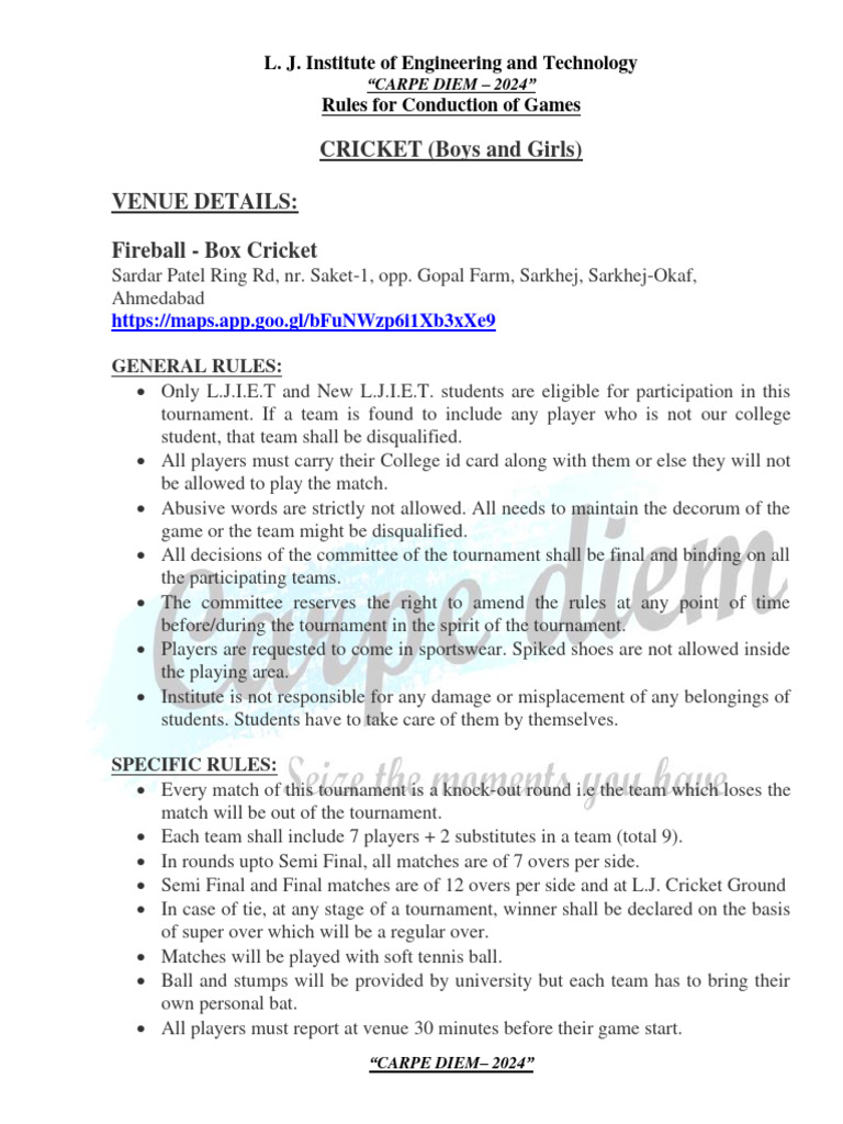 L.J.I.E.T. Carpe Diem 2024 Cricket Rules | PDF