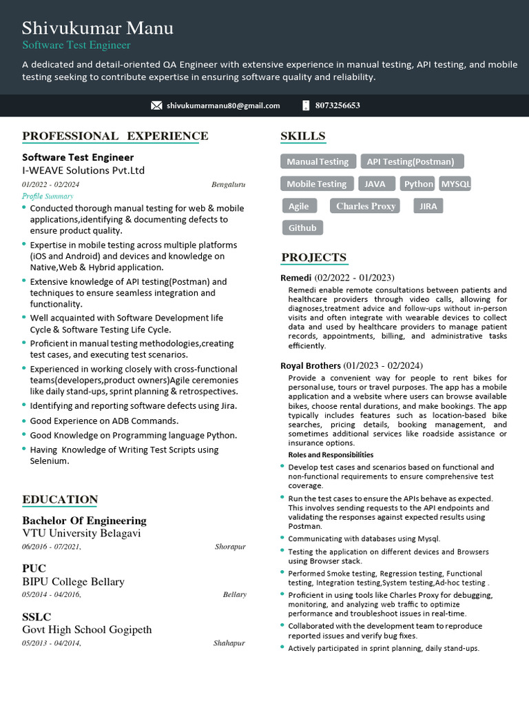 Software Test Engineer Profile: Shivukumar | PDF | Mobile App ...