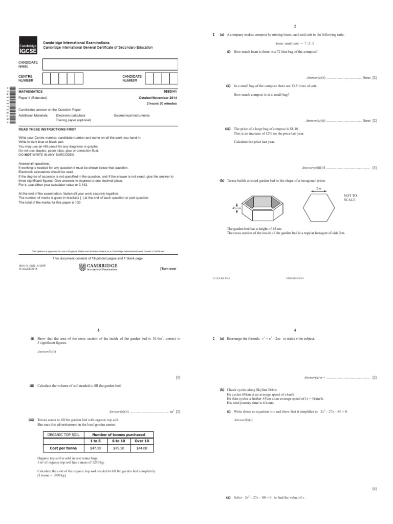 Cambridge IGCSE Mathematics Exam Paper | PDF | Speed | Area
