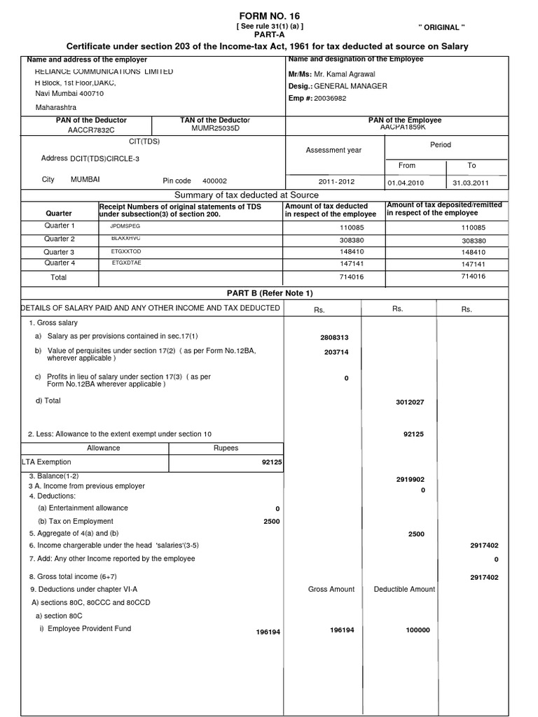 Form16 10-11 | PDF | Employee Benefits | Taxes