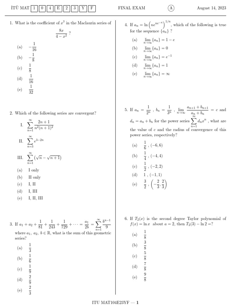 MAT104E Final Exam Solutions | PDF | Power Series | Mathematical Relations