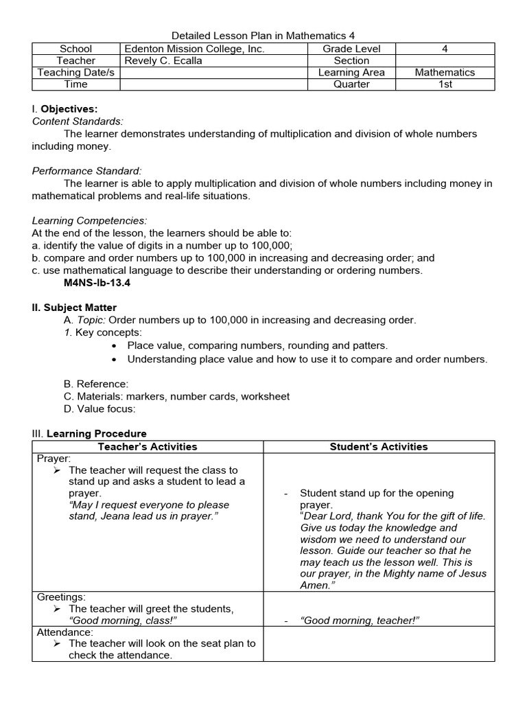 Math Lesson Plan: Ordering Numbers 4 | PDF