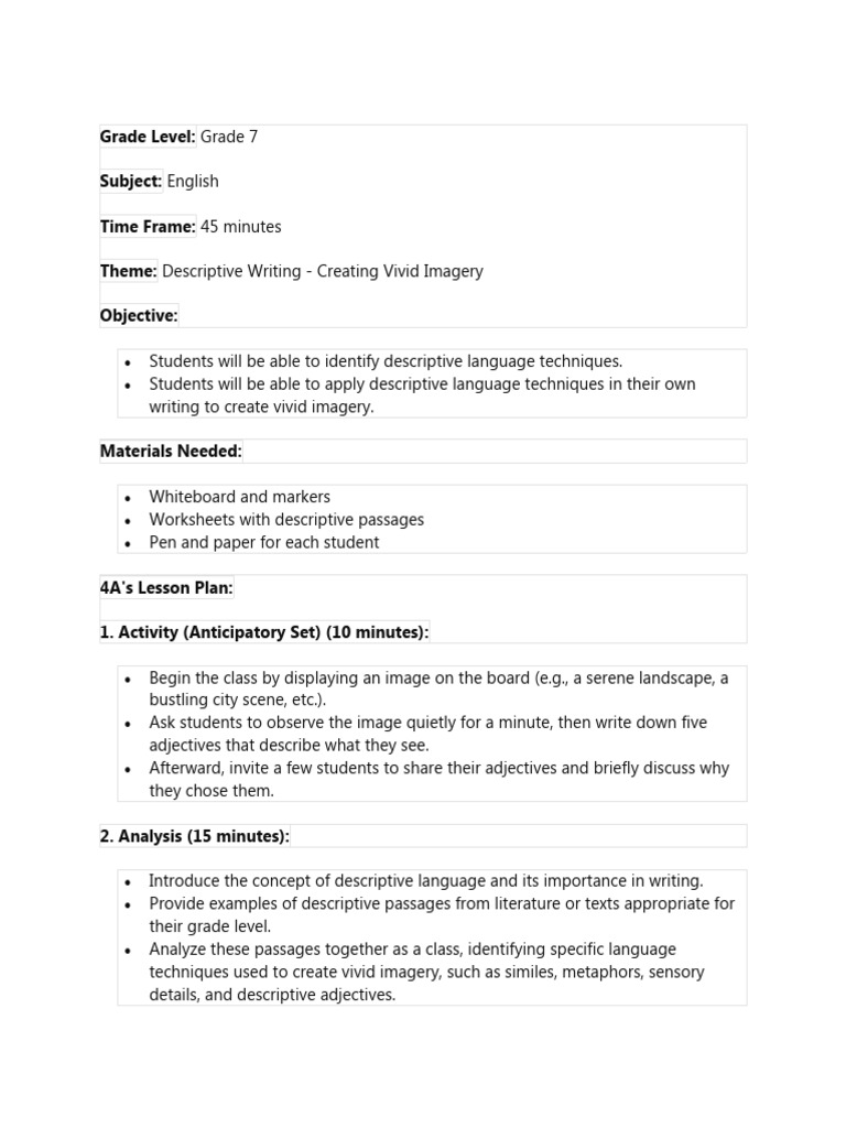 Descriptive Writing Techniques for Grade 7 | PDF | Language Arts ...
