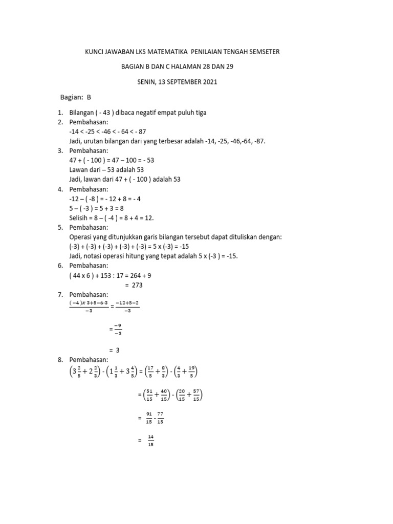 Kunci Jawaban LKS Matematika Penilaian Tengah Semseter PDF Metode