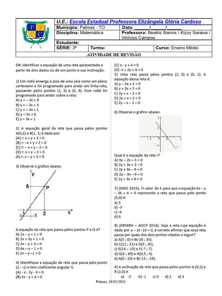 Exercícios Equação Geral Da Reta | PDF | Linha (Geometria) | Equações