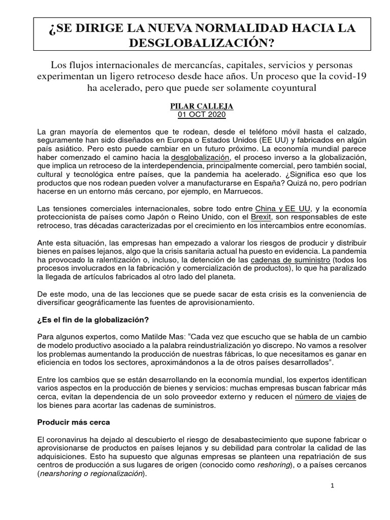 Artículo. Se Dirige La Nueva Normalidad Hacia La Desglobalización PDF