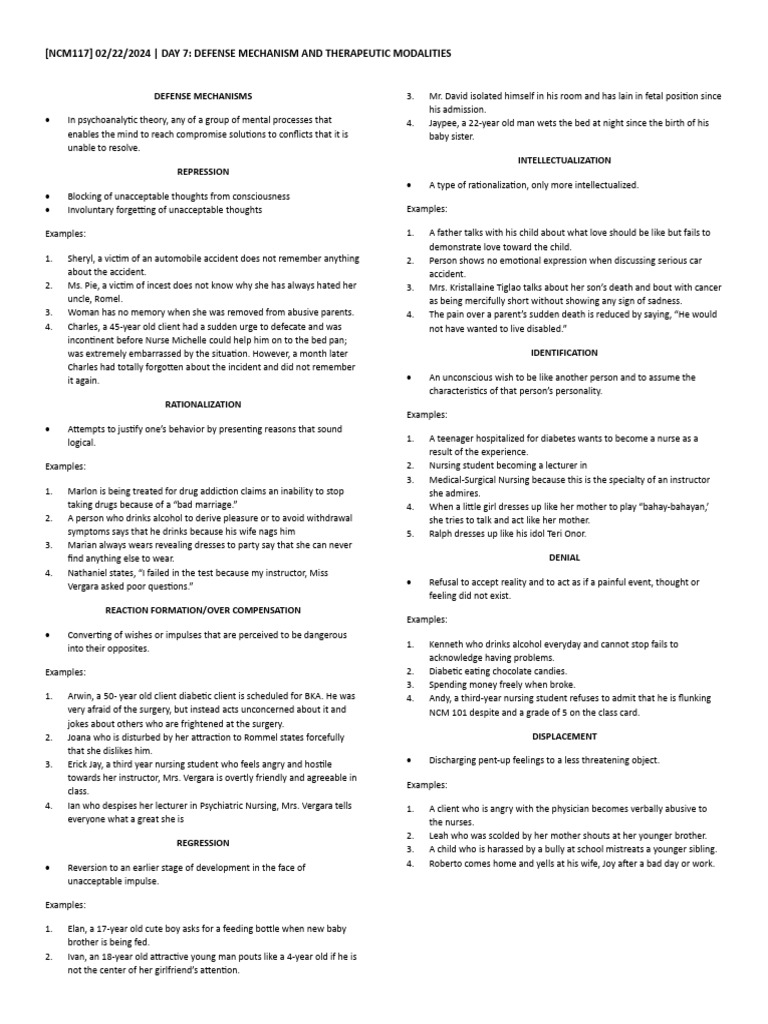 ncm117 02212024 Defense Mechanism Therapeutic Modalities | PDF | Self ...