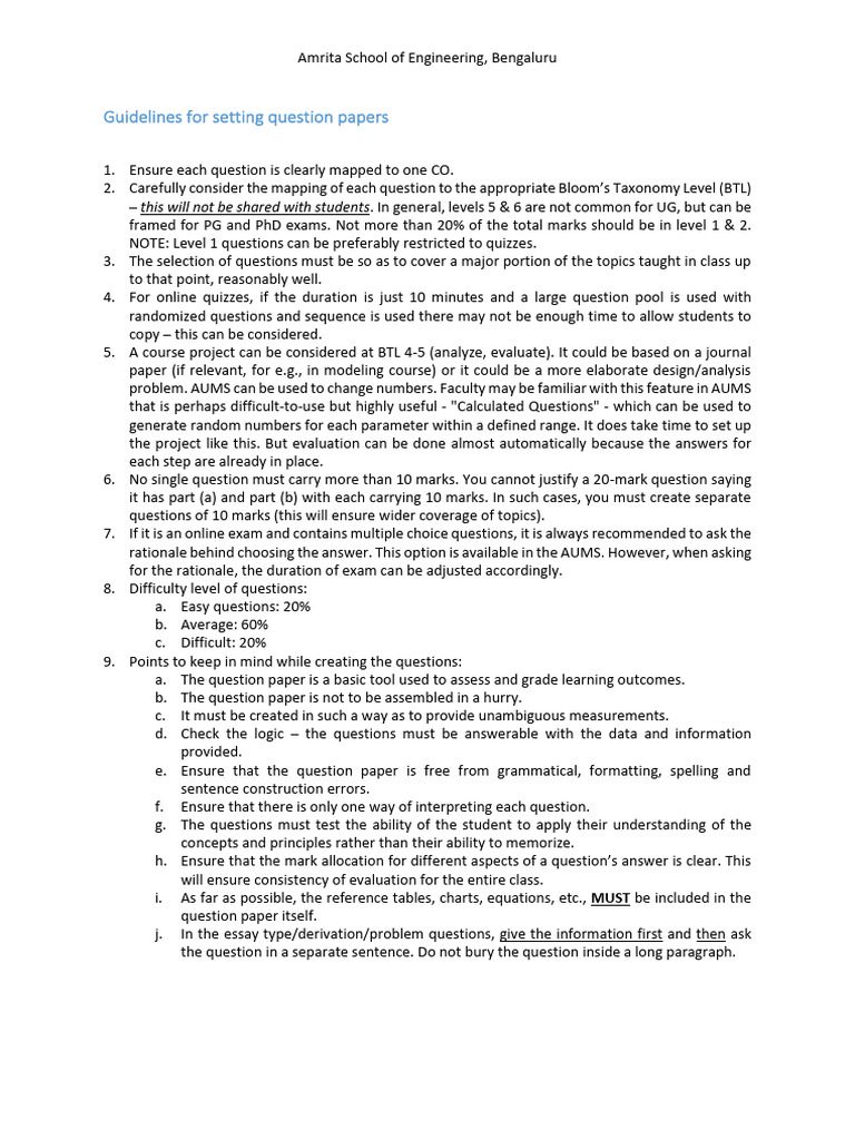 ASEB Guidelines For Setting Question Papers | PDF