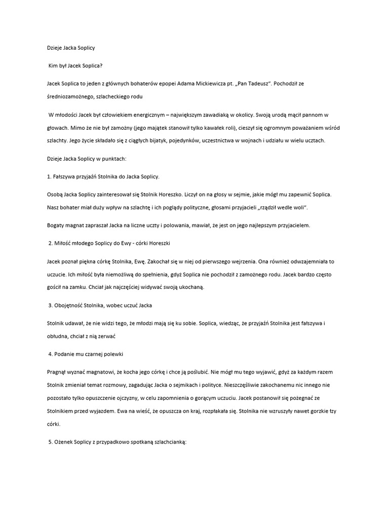 Miłość Jacka Soplicy Do Ewy Dzieje Jacka Soplicy | PDF
