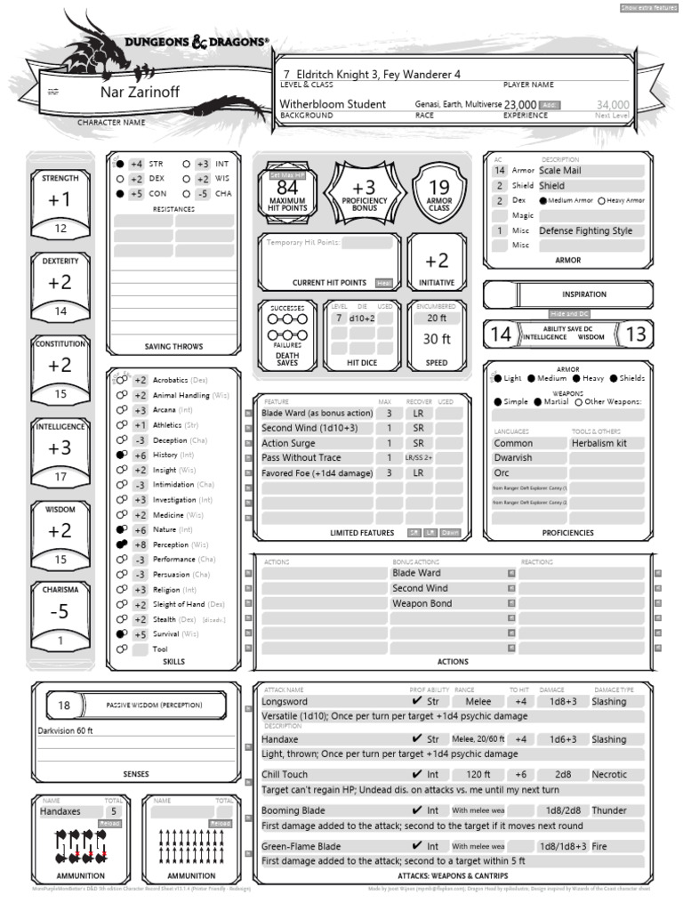 Fey Wanderer Character Sheet 5E | PDF | Dungeons & Dragons | Fantasy Games