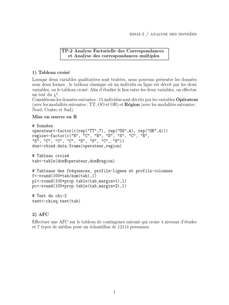 Analyse des données : AFC et ACM en R | PDF | Analyse des données ...