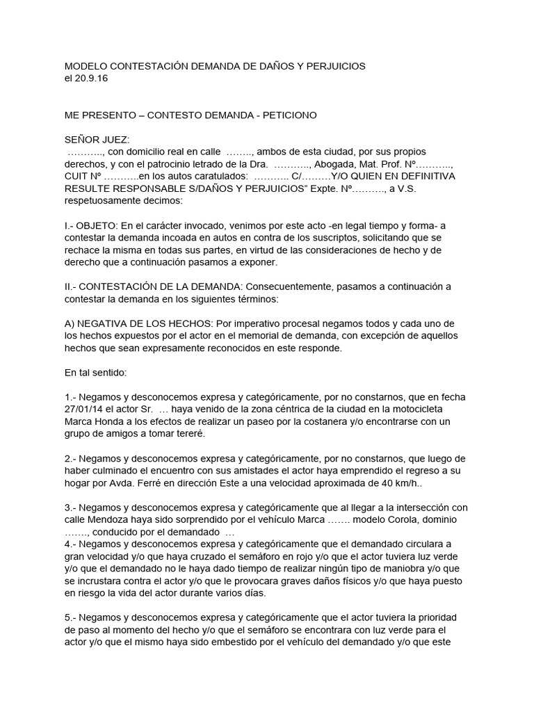 MODELO CONTESTACIÓN DEMANDA DE DAÑOS Y PERJUICIOS | PDF | Demanda ...
