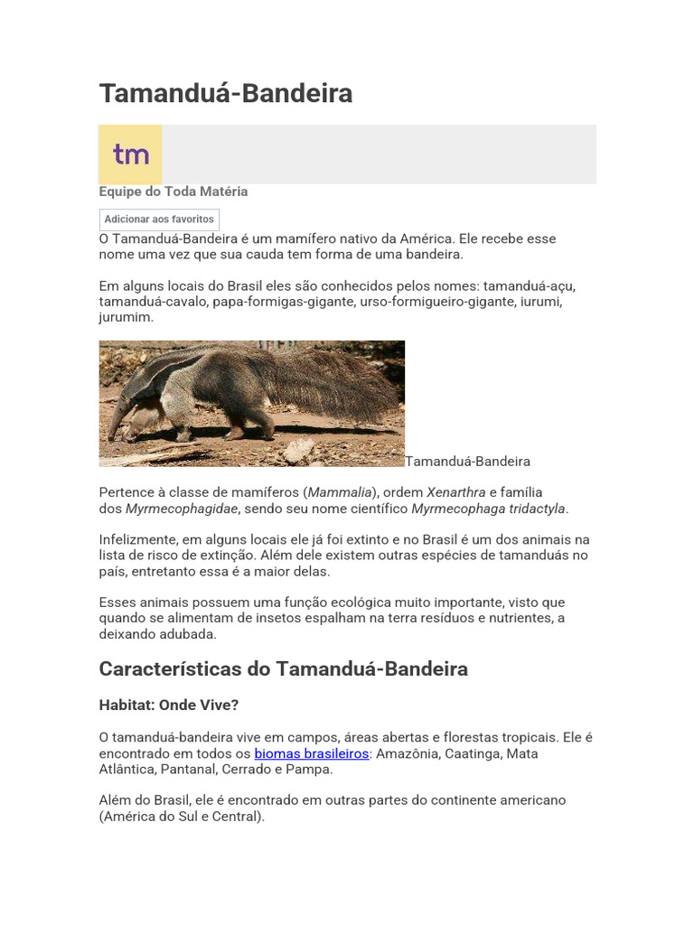 Arquivo Tamanduá Bandeira | PDF