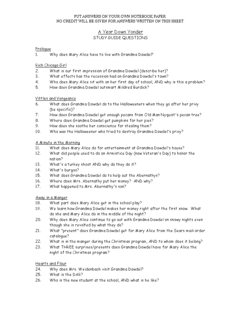 A Year Down Yonder Study Guide Pdf Novels