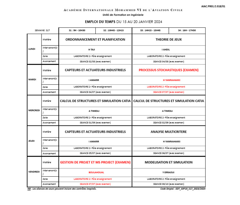 Emploi du temps du 15 au 20 janvier 2024 | PDF | Informatique