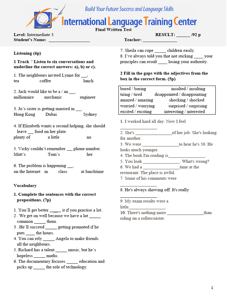 Final Test for Intermediate 3 Students | PDF