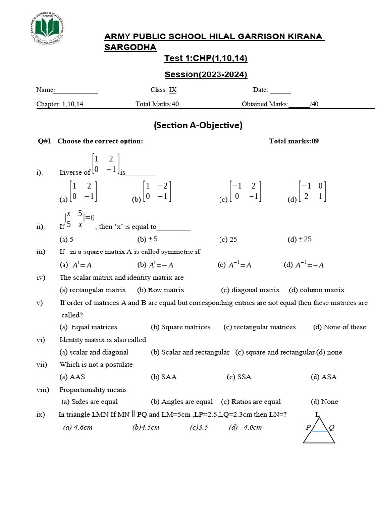 Test 1 (CH, 1,10,14) | PDF | Matrix (Mathematics) | Mathematical Concepts