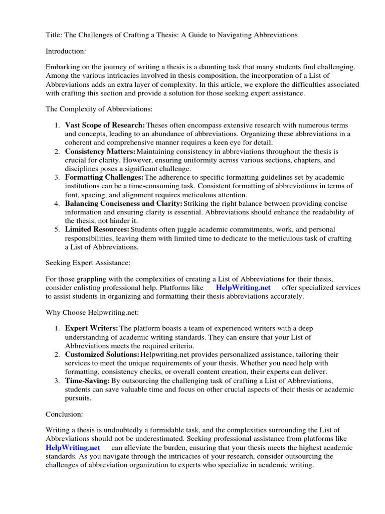 List of Abbreviations in Thesis | PDF