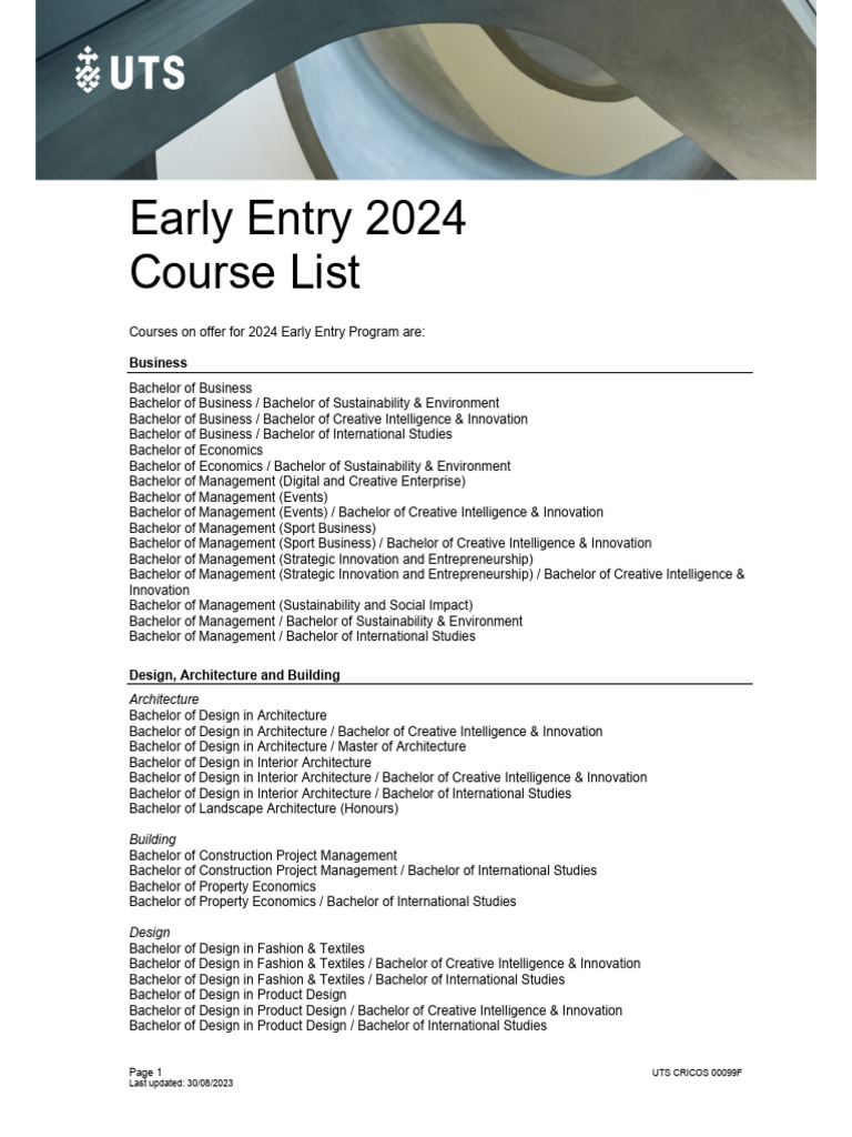 UTS Early Entry Courses for 2024 | PDF | Engineering | Bachelor's Degree