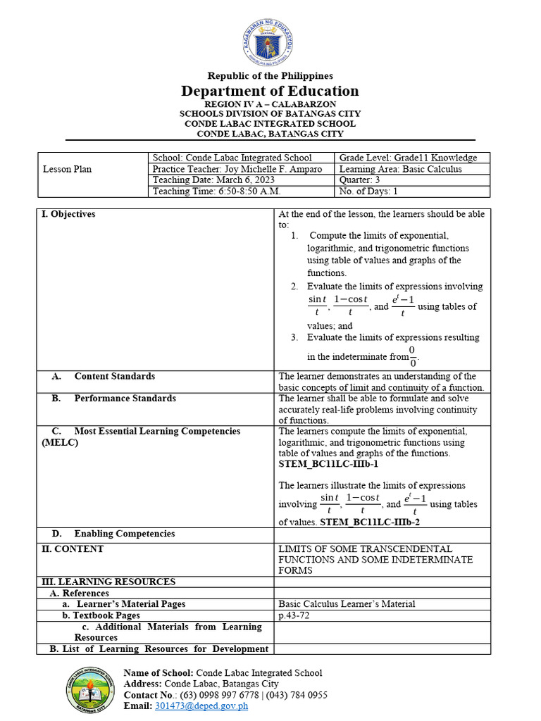 Grade 11 Basic Calculus Lesson Plan | PDF | Function (Mathematics ...