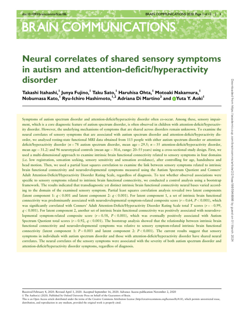 Neural Correlates of Shared Sensory Symptoms in Autism and Attention ...