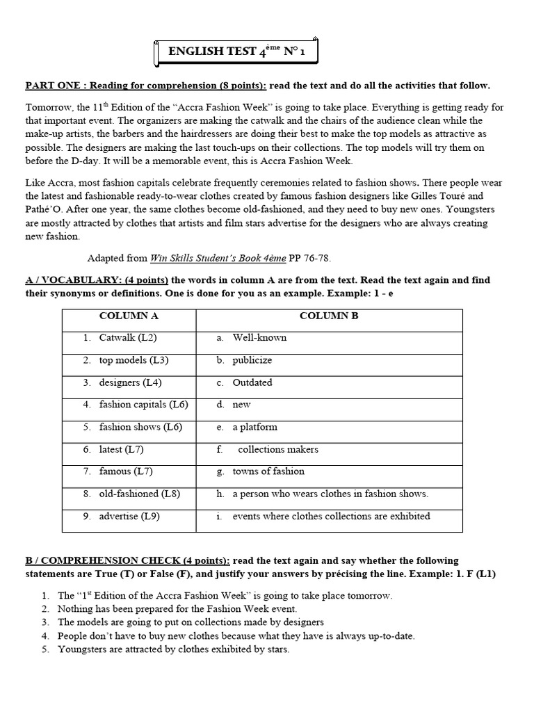 DEVOIR 4ème UNIT 4 | PDF