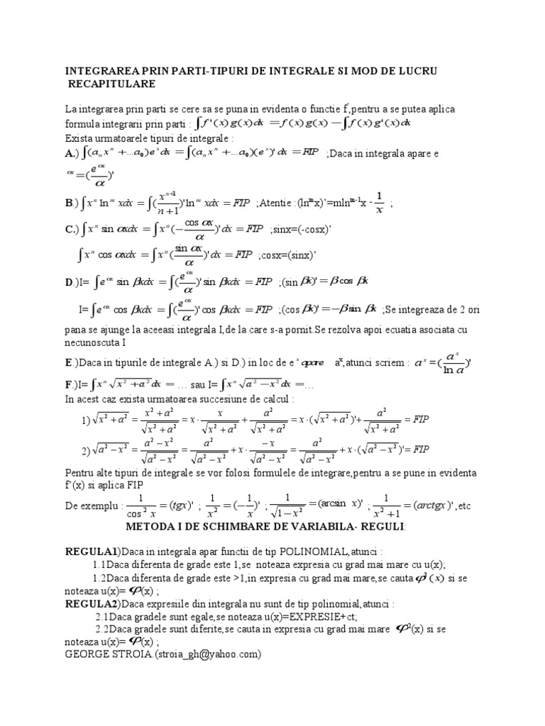 Recapitulare Tipuri De Integrale